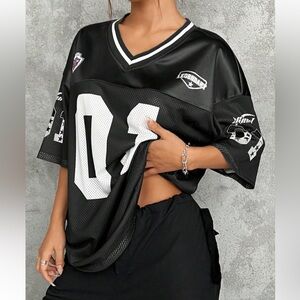 Black Oversized V-Neck Jersey Top with White Number Detail